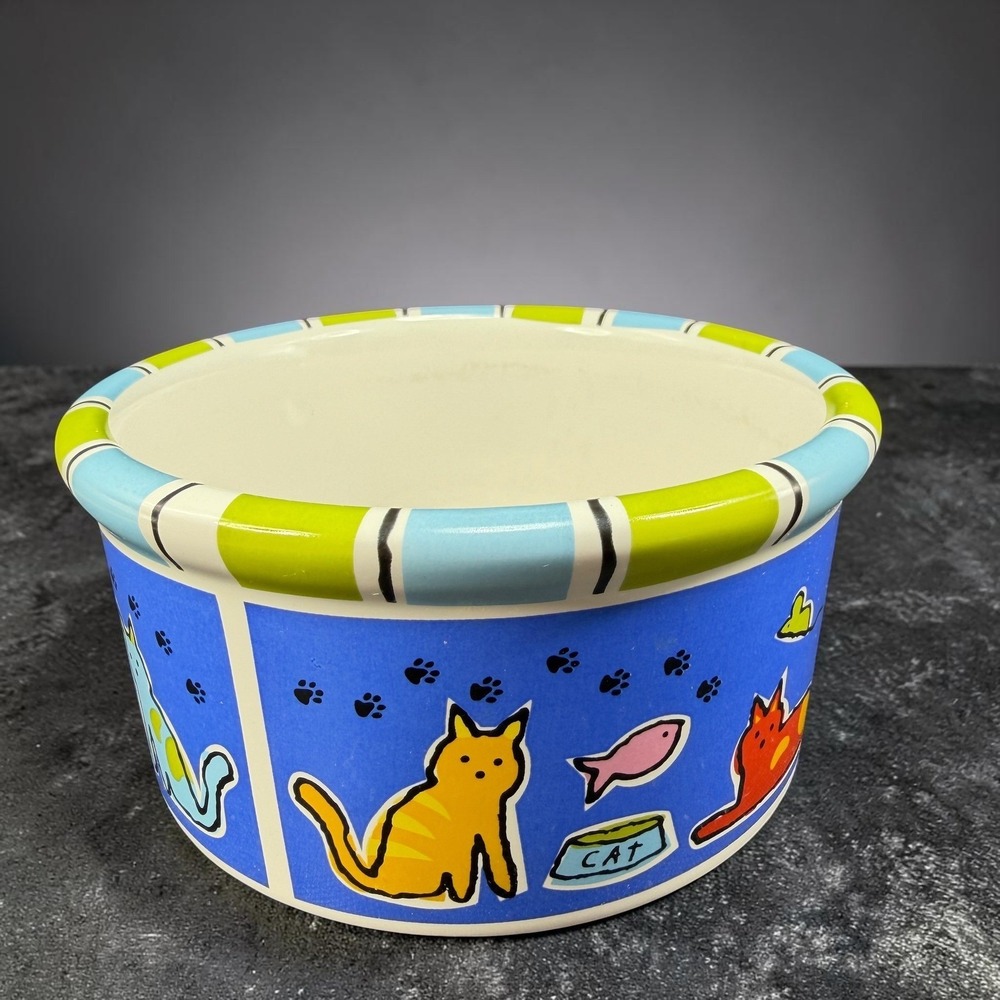 Signature Housewares Run Kitty Run Cat Bowl Room Creative Stoneware Blue 6 inch